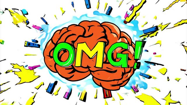 OMG text, my brain is exploding concept, cartoon comic style background.