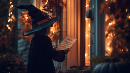 A child dressed as a witch, holding a scavenger hunt list and peeking into a house adorned with Halloween decorations during trick-or-treat night. Ai generated