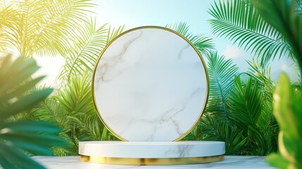 Marble Pedestal With Gold Accents In Tropical Greenery Background