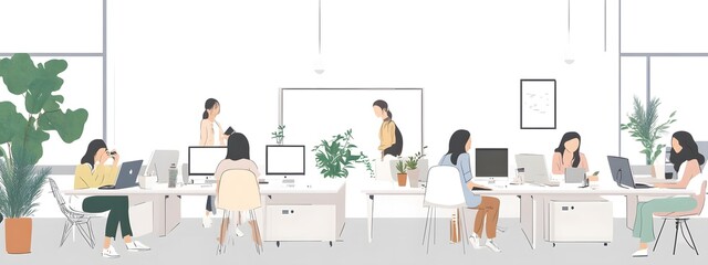 Obraz premium Isometric vector illustration of people in an office, working together at tables and desks, against a white background.