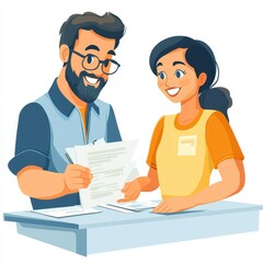 Fototapeta premium Illustration of a friendly interaction between a customer and a service representative exchanging documents at a bright counter.