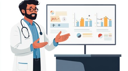 Illustration of a doctor presenting medical data on a screen, showcasing graphs and statistics to illustrate health insights.