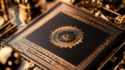 A detailed close-up of a Golden Globe Awards invitation and RSVP card, elegantly designed with a backdrop of luxury event elements. Ai generated