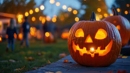 A festive display of creatively carved pumpkins glowing in the twilight, with children running around and playing at a pumpkin carving festival. Ai generated