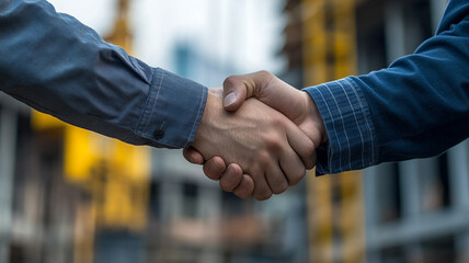 Two business professionals shaking hands at a construction site during a daytime meeting