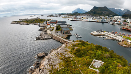 City on narrow island, an aerial photo of Svolvaer, scenic town in Lofoten.  © TOMASZ