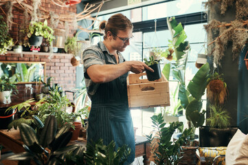 Business, flowers and man with plants, store and entrepreneur with nature, spring and retail....