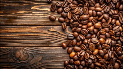 Fototapeta premium Closeup of fresh roasted coffee beans on a natural dark oak wood background, panoramic view