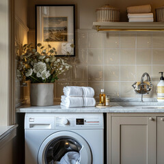 Stylish washing machine in modern Scandinavian interior, featuring elegant decor, fresh flowers, and neatly arranged towels, creating warm and inviting atmosphere