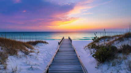 Naklejka premium A picturesque view of a boardwalk stretching out to a serene white sand beach and clear ocean water. The sunset sky is painted in vibrant hues. Ai generated