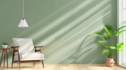 Fototapeta premium A serene living room featuring cozy armchair, stylish pendant light, and vibrant indoor plant. soft green wall enhances calm atmosphere, perfect for relaxation