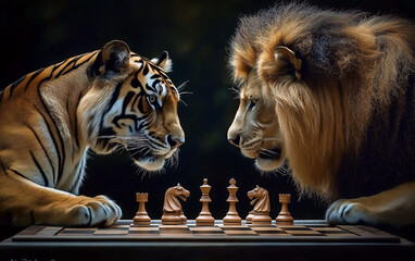 A lion and a tiger playing chess © Narayana