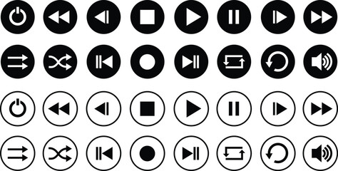 Media player flat icons set. Collection of multimedia symbols isolated on transparent background. Audio, volume, interface, design media player buttons. Play, pause, stop, record, forward, rewind.