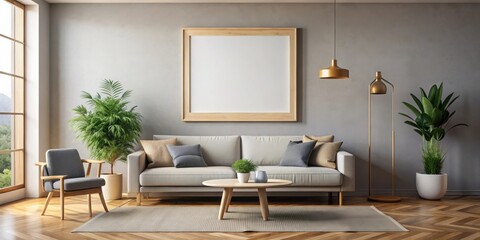 Empty picture frame hanging in modern living room interior
