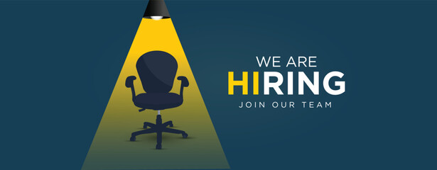 We are hiring. Join our team announcement. Hiring recruitment concept light on a office chair.