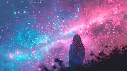 Naklejka premium A silhouette of a woman stares at a vivid, colorful night sky filled with glowing stars and abstract cosmic patterns
