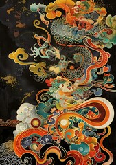 Obraz premium Chinese Dragon and Cloud Pattern Illustration