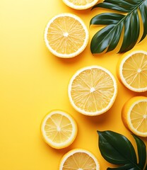 Lemon Slices and Green Leaves on Yellow Background
