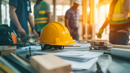 Construction team collaborates on a project with tools and safety gear in a workshop setting