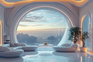 Fototapeta premium Futuristic Lounge with panoramic views home decor. Template, 3D rendered.