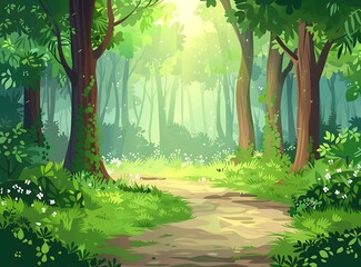 Pathway Through a Lush Green Forest Illustration