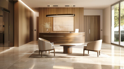 A minimalist Italian space featuring sleek reception area with wooden desk, elegant chairs, and marble flooring. warm tones create welcoming atmosphere