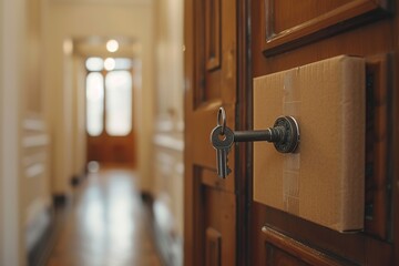 Obraz premium Moving house, relocation. The key was inserted into the door of the new house, inside the room was a cardboard box containing personal belongings and furniture. move in the apartment or condominium.
