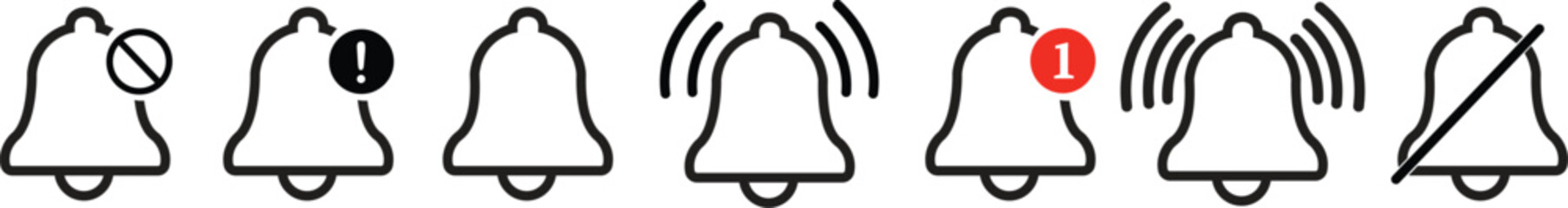 Notification bell icons set in line style. Alarm symbols. Incoming inbox message. Ringing bells. Alarm clock and smartphone application alert. Social media elements isolated on transparent background.