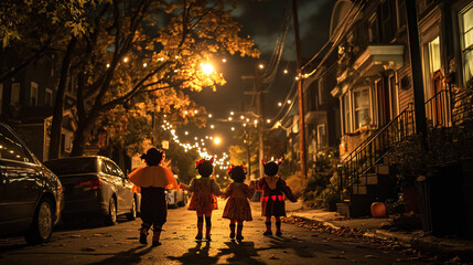 Children in costumes trick-or-treating under streetlights