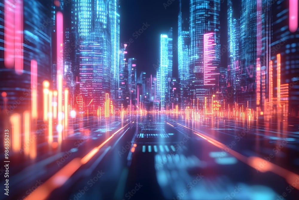 Aufkleber holographic data streams pulsing through a futuristic digital city with neon metrics and analytics