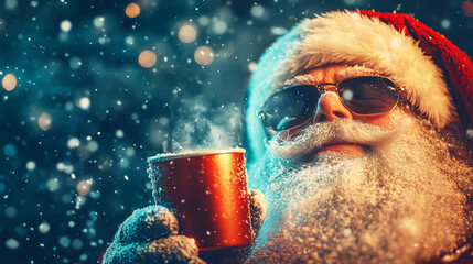 cool santa claus portrait with a cup of tea, christmas spirit, santa magic and winter wonders