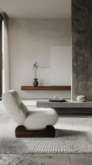 A modern interior design featuring minimalistic living space with cozy chair, stylish decor, and sleek TV unit. serene atmosphere invites relaxation and comfort
