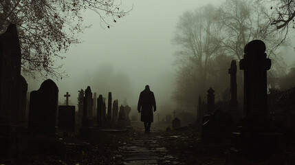 Dark, shadowy figure walking through a foggy graveyard