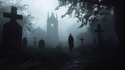 Dark, shadowy figure walking through a foggy graveyard