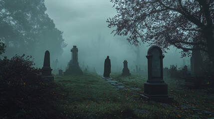 Dark, shadowy figure walking through a foggy graveyard