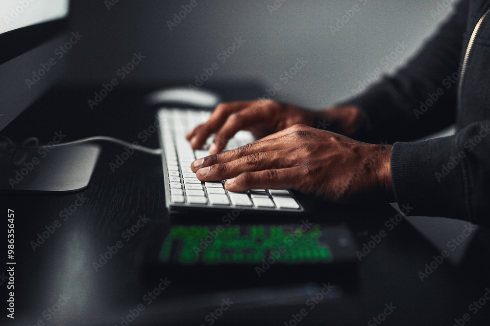 Poster hands, hacker and typing on computer for coding, data breach or cyber attack at night. keyboard, clo