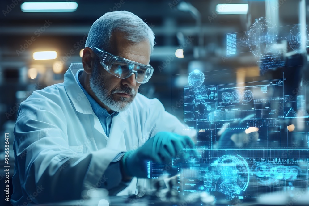 Poster senior scientist analyzing futuristic digital holographic data and tech innovations in advanced rese