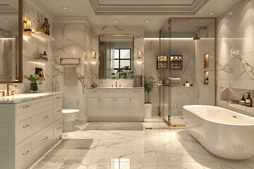 Hollywood Regency-style glam bathroom with marble floors and brass fixtures.