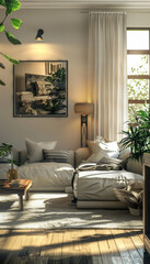 A cozy living room featuring comfortable sofa, decorative plants, and warm lighting creates serene atmosphere. natural light enhances inviting space, perfect for relaxation