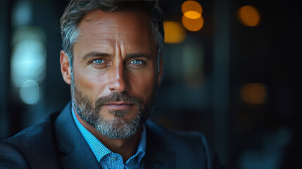 Close-up portrait of a man with a beard and blue eyes.