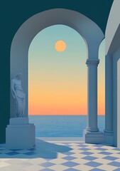 Minimalist Illustration of a Stone Statue Looking Out at the Sunset Over the Ocean Through an Archway