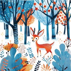 Cute Deer in Winter Forest Illustration