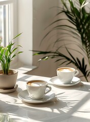 Two Cups of Coffee on White Table with Plant in the Background