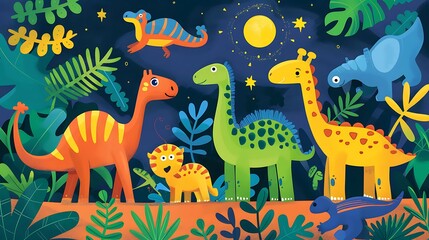 Obraz premium Cute Dinosaurs Illustration With Night Sky Background