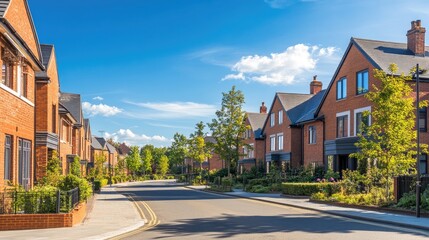 A new residential development in the UK with rows of modern homes, freshly landscaped gardens, and pristine brickwork under a blue sky.