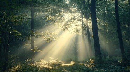 Obraz premium Sunlight Beams Through Foggy Forest Path