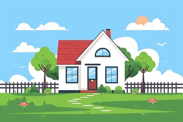 Naklejka premium Cute Cartoon Illustration of a White House with Red Roof in Front of a Blue Sky