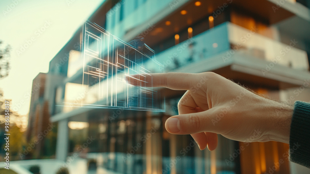 Poster hands-on interaction with virtual architecture in a modern urban setting during sunset