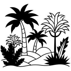 Dynamic Jungle silhouette line art vector illustration in white background 