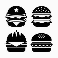 A set of 4 black silhouette illustrations of burger icons on a white background